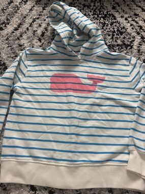 Vineyard Vines White & Blue Striped Hoodie with Pink Whale